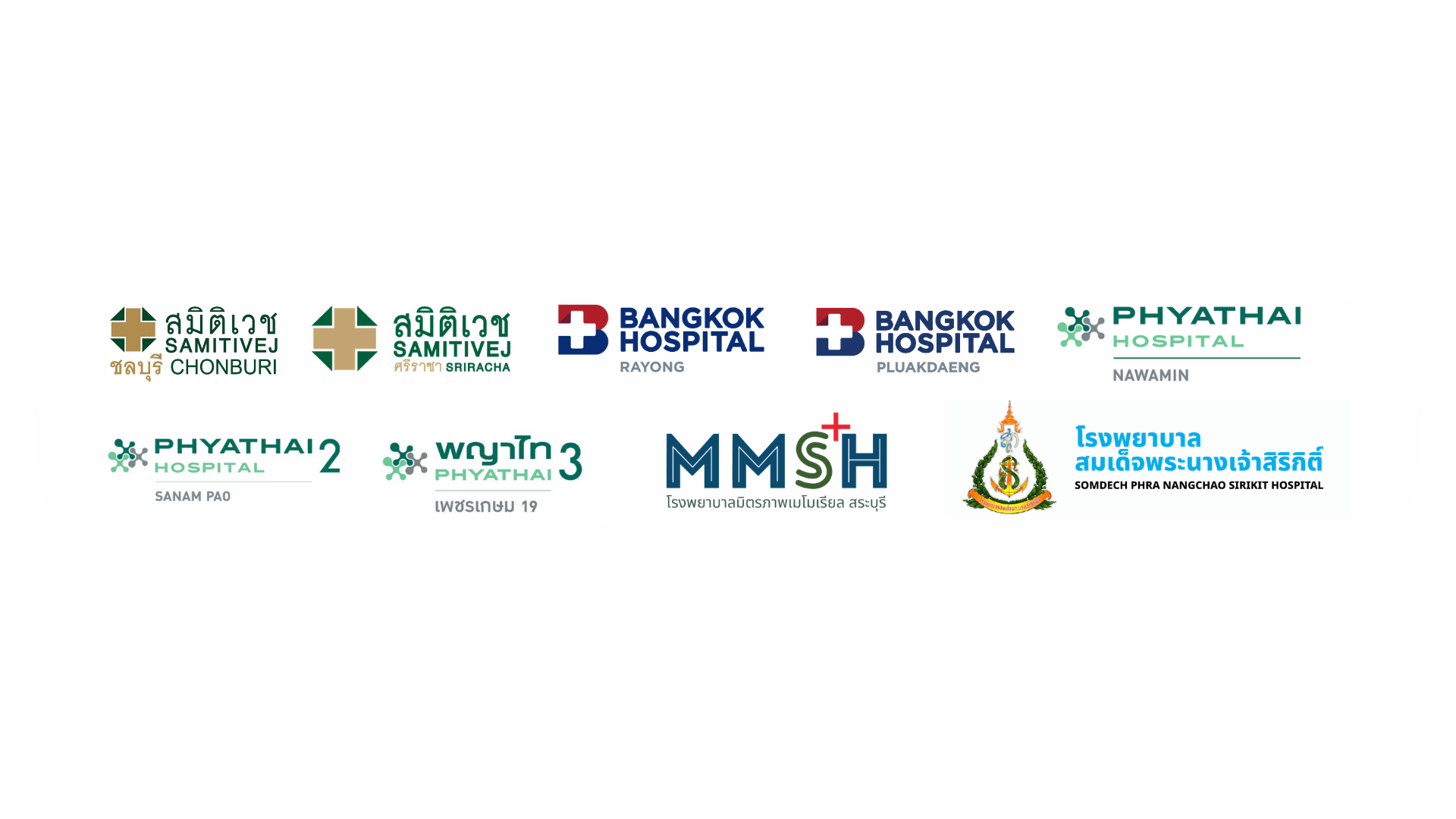 Samitivej Chonburi, Samitivej Sriracha, Bangkok Hospital Rayong, Bangkok Hospital Pluakdaeng, Phyathai Nawamin, Phyathai Sanam Pao, Phyathai Phetkasem 19, Mittraphap Memorial Hospital, Somdech Phra Nangchao Sirikit Hospital